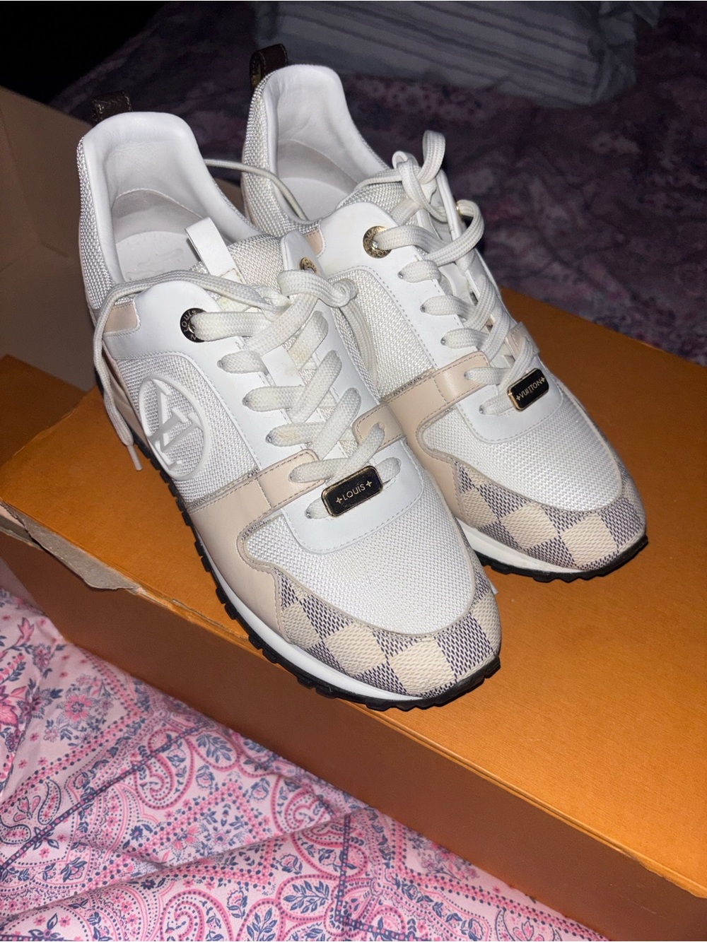 Louis Vuitton White & Beige Damier Run Away Sneakers - Picture 2 of 11